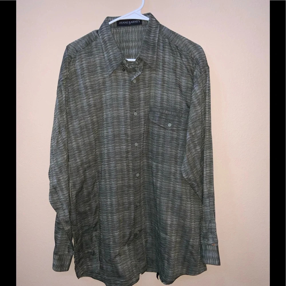 Jhane Barnes Shirt L Green 100% Cotton Long Sleeve Button Front